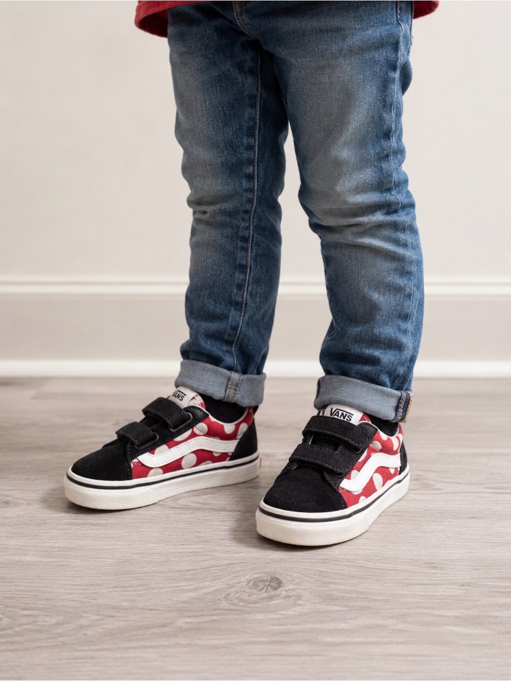 Vans Kids Red Polka Dot Velcro Shoes Black White Hook & Loop Shoes Toddler Sz 13